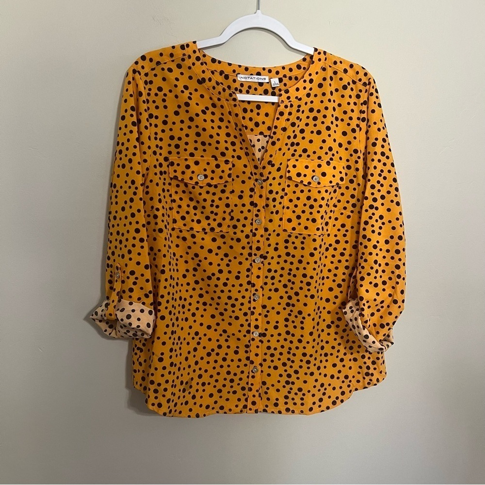 Notations Orange and Black Polka Dots Button Up V-neck Blouse size large